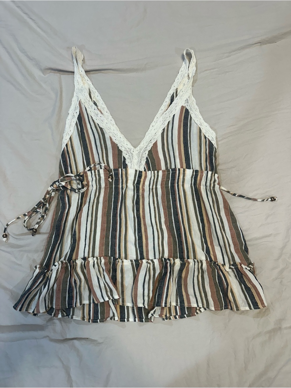 Angie Striped Lace-Trim V-Neck Cami in White, Black, Brown